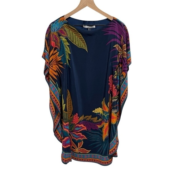Trina Turk Global Silk Caftan Dress Womens Extra Small Navy Floral Tropical $398 - Picture 2 of 15